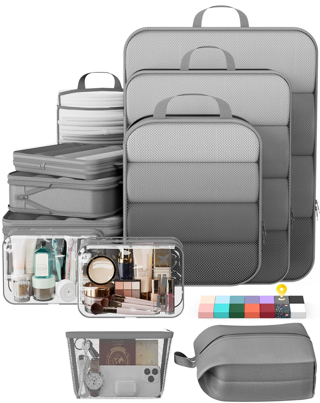 Veken 9/11 Set Compression Packing Cubes Garment Bags for Travel Essentials,Compressible Expandable Luggage Organizer Bags for Clothing,Space Saver Bags with Over 1000 pcs of Mesh Holes(Beige)