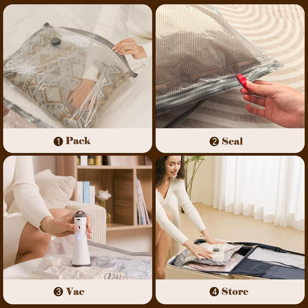 Vacbird Travel Vacuum Bags with Rechargeable Pump, Carry-On Space Saver | See Contents Easily with Transparent Bags, 1500mAh Pump Compresses 90+ Bags, Carry-On Size for Easy Travel Packing