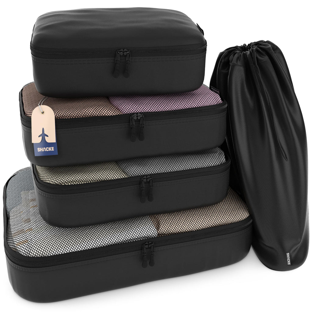 Shacke 5 Set Packing Cubes for Travel with Laundry Bag (Pure Black) | Suitcase Organizer Bags Set: 4 Water-Resistant Luggage Cubes, XL to Small, + Laundry Bag for Carry-On or Checked