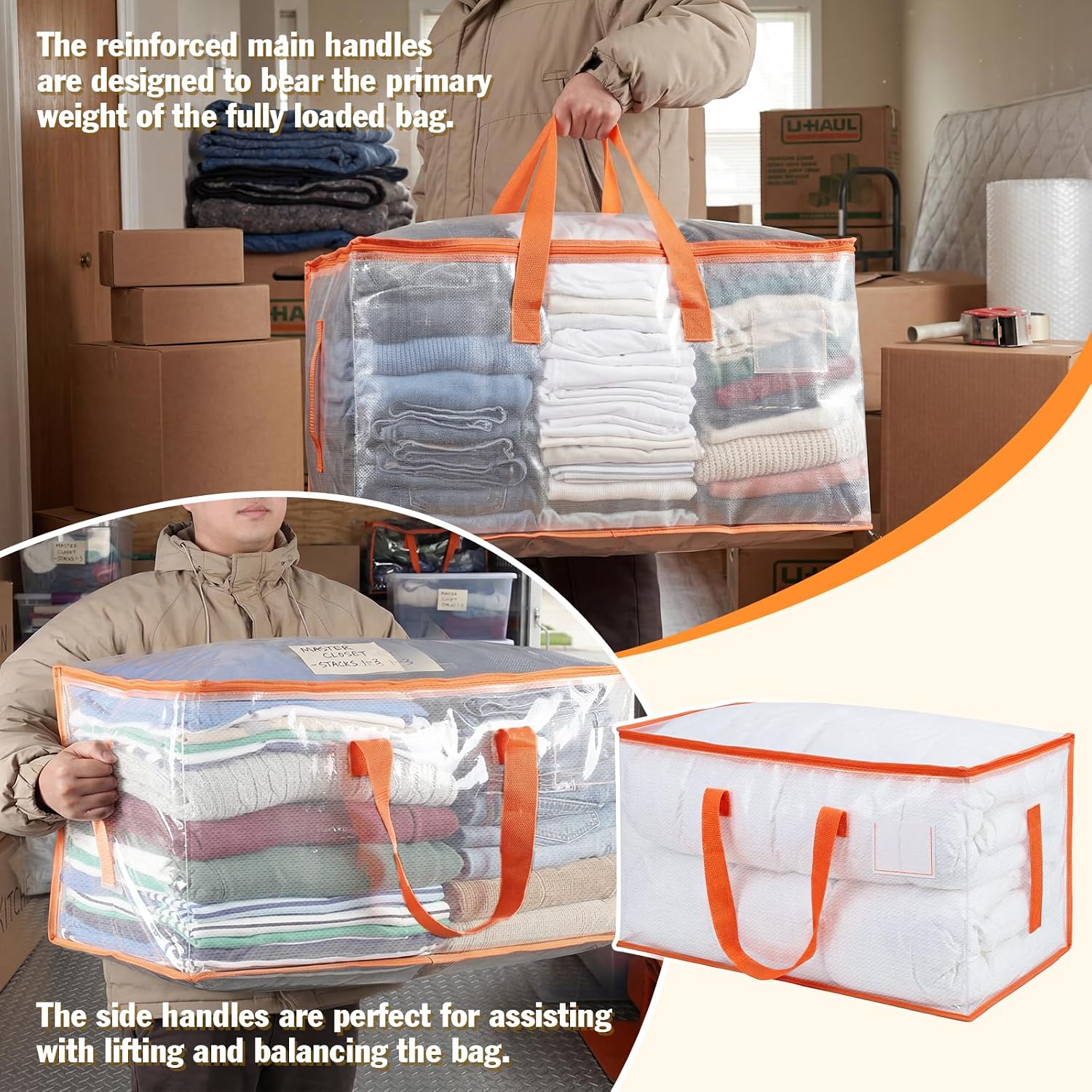 KYODOLED 10-Pack Clear Moving Bags Heavy Duty Extra Large, Storage Totes | Transparent, Reinforced Handles & Strong Zippers, Label Pocket, for College Dorm, Clothes, Bedding, Toys, Space-Saving