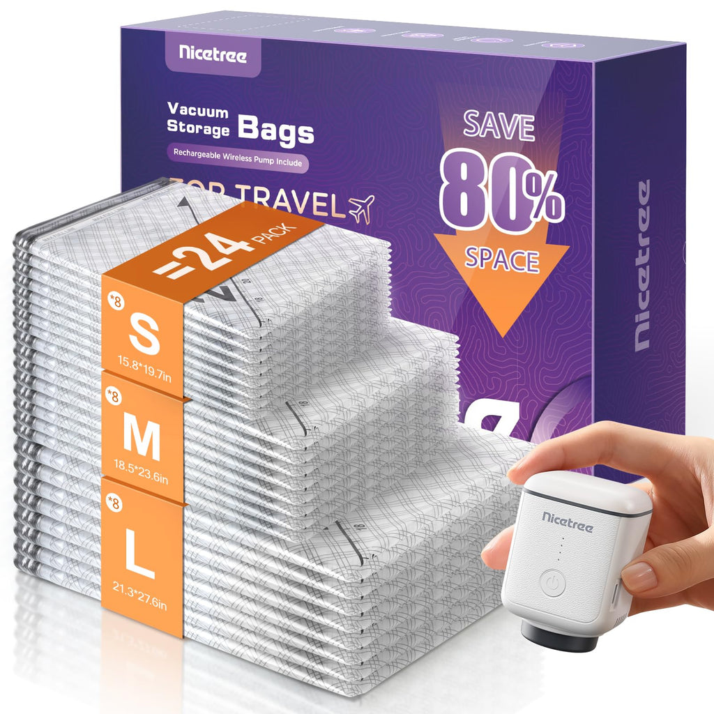 18-Pack Vacuum Bags for Travel with Rechargeable Pump, 3 Sizes | Compression Packing Bags for Carry-On Luggage and Suitcases. Space Saver Vacuum Seal Bags for Clothing and Home Storage