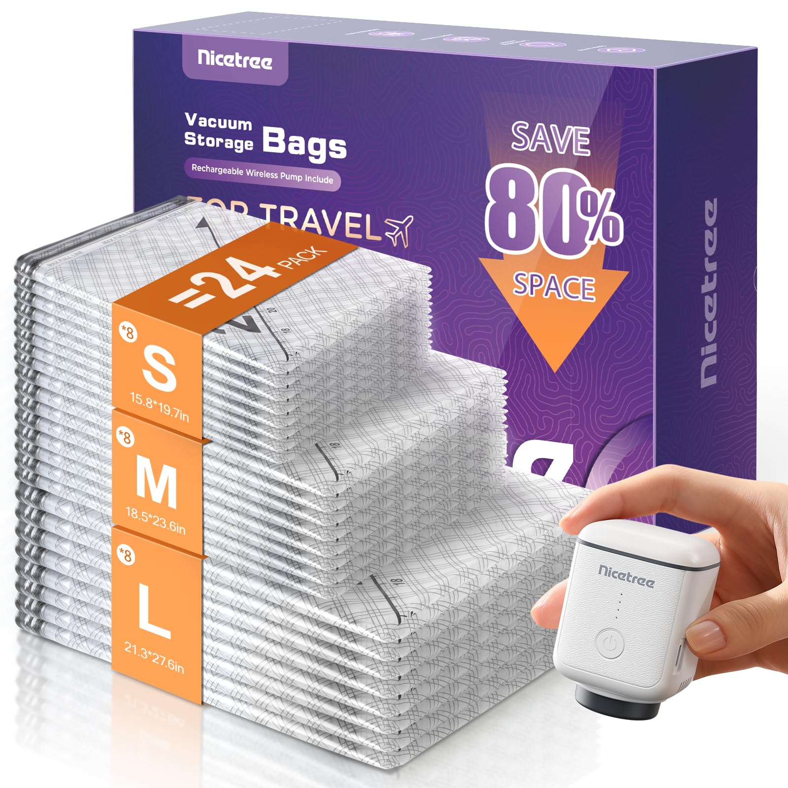 18-Pack Vacuum Bags for Travel with Rechargeable Pump, 3 Sizes | Compression Packing Bags for Carry-On Luggage and Suitcases. Space Saver Vacuum Seal Bags for Clothing and Home Storage