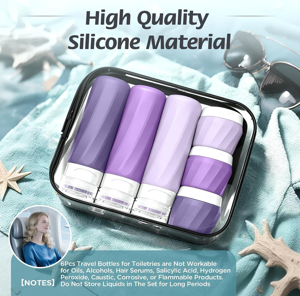 6Pcs Travel Bottles for Toiletries, Silicone Travel Size Containers Set | TSA Approved BPA-FREE Silicone Leak Proof Refillable Bottles and Jars, Women & Men Airplane Cruise Essentials Kit (PURPLE)