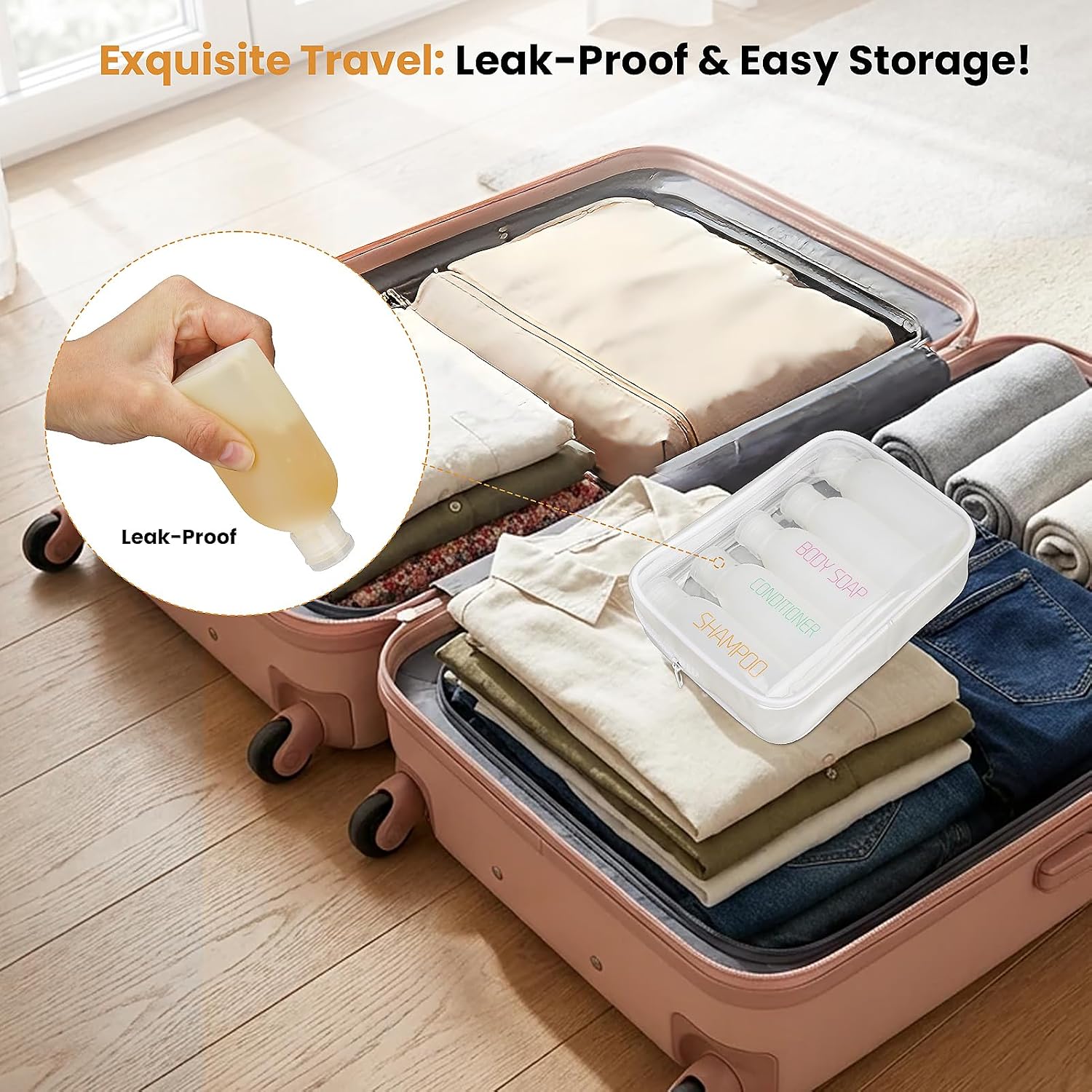 Cosywell Travel Bottles for Toiletries 5 Pack 3.4oz Travel Size Containers | Pre-Printed Shampoo, Conditioner, Body Soap, Soft Touch HDPE ,TSA Approved, Leak Proof, Squeezable Toiletry Bottle(White)