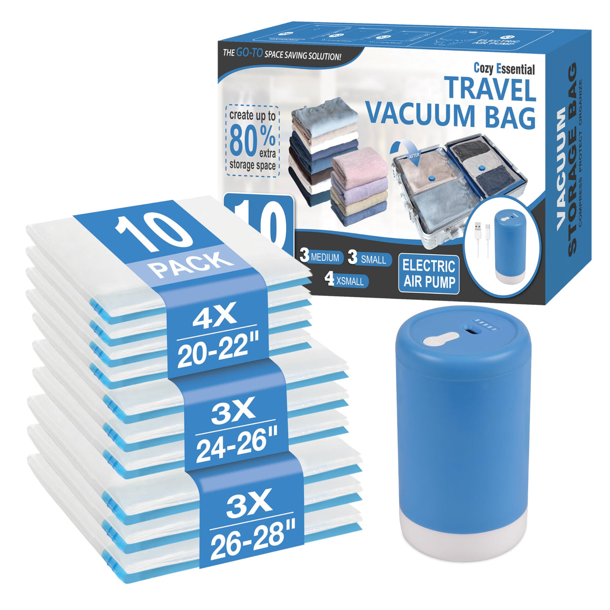 Travel Vacuum Storage Bags with Rechargeable Cordless USB Pump, 12 Combo | Space Saver Bags for Luggage, Suitcase, Carry-On, for Clothes, Blankets, Bedding & Seasonal Storage