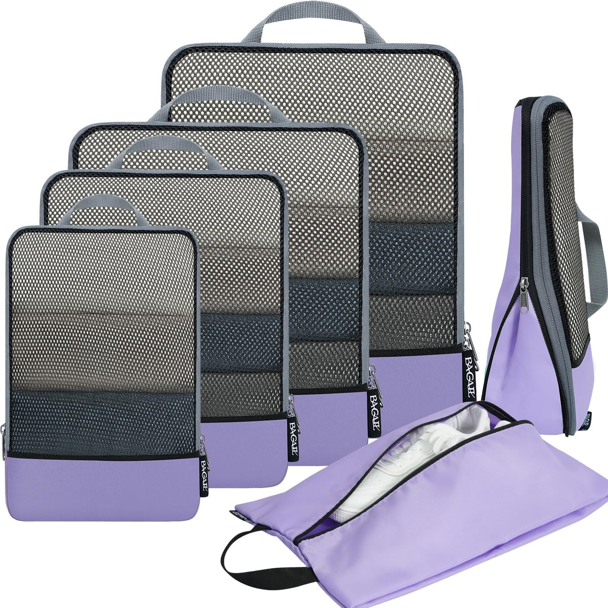 BAGAIL 4 Set/6 Set/8 Set Compression Packing Cubes Travel Accessories Expandable Packing Organizers (Half Mesh, 6-Black)
