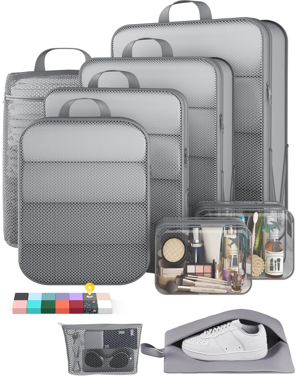 Veken 9/11 Set Compression Packing Cubes Garment Bags for Travel Essentials,Compressible Expandable Luggage Organizer Bags for Clothing,Space Saver Bags with Over 1000 pcs of Mesh Holes(Beige)