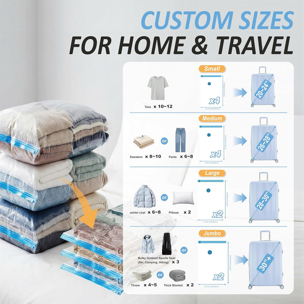 Travel Vacuum Storage Bags with Rechargeable Cordless USB Pump, 12 Combo | Space Saver Bags for Luggage, Suitcase, Carry-On, for Clothes, Blankets, Bedding & Seasonal Storage