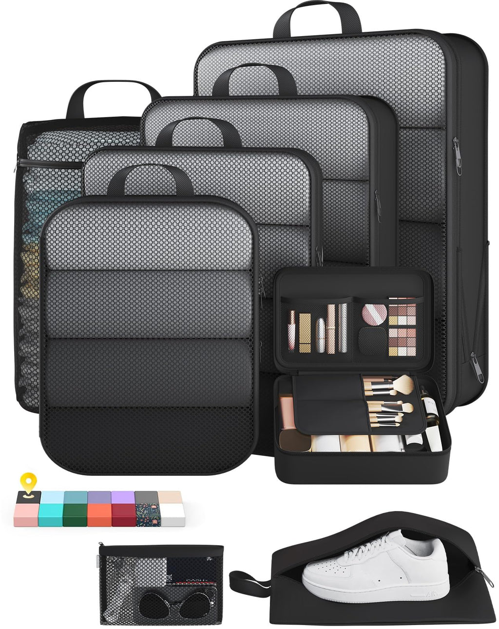 Veken 9/11 Set Compression Packing Cubes Garment Bags for Travel Essentials,Compressible Expandable Luggage Organizer Bags for Clothing,Space Saver Bags with Over 1000 pcs of Mesh Holes(Beige)