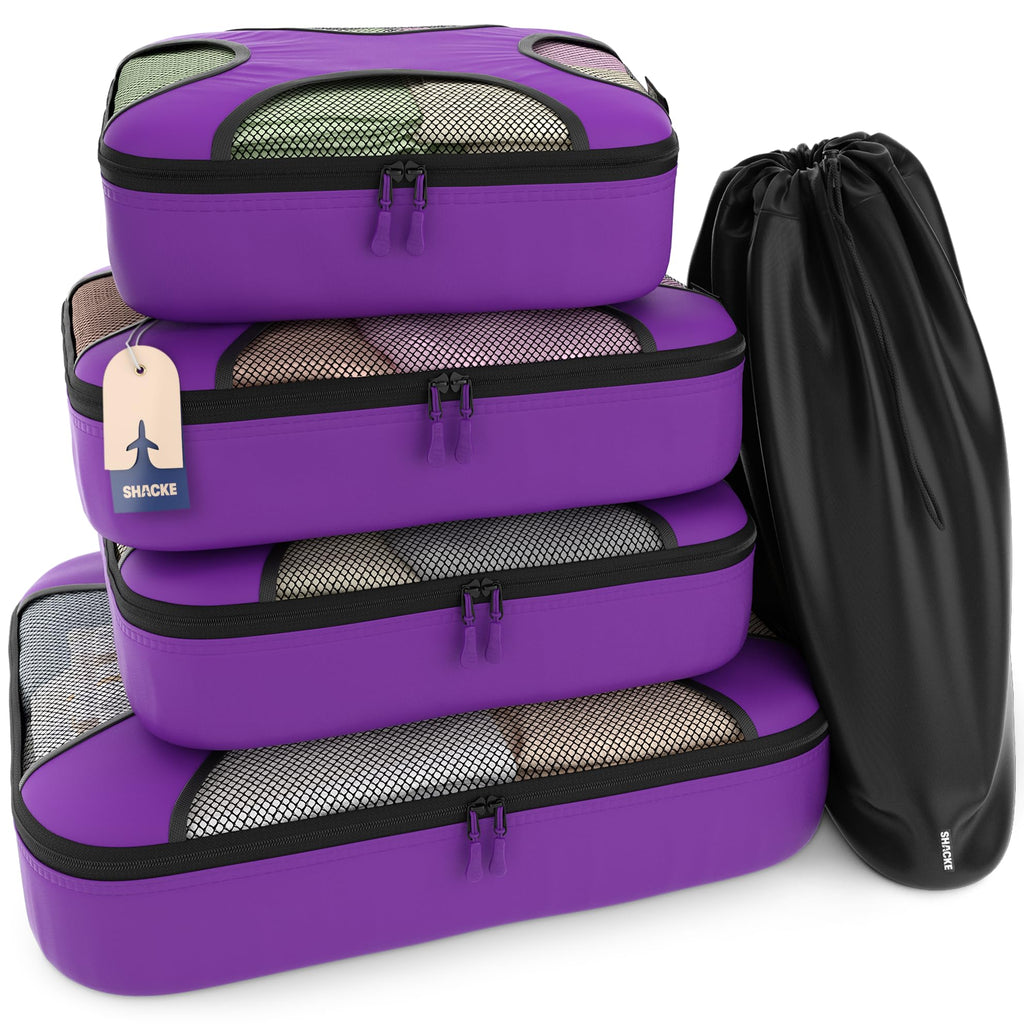Shacke 5 Set Packing Cubes for Travel with Laundry Bag (Pure Black) | Suitcase Organizer Bags Set: 4 Water-Resistant Luggage Cubes, XL to Small, + Laundry Bag for Carry-On or Checked