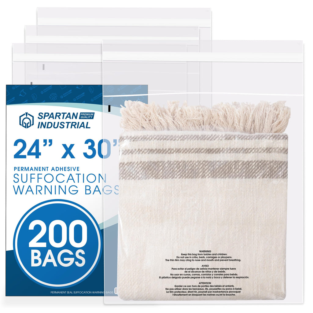 14” X 20” (200 Count) Self Seal Clear Poly Bags with Suffocation Warning | for Packaging, Clothes - Permanent Adhesive - Spartan Industrial
