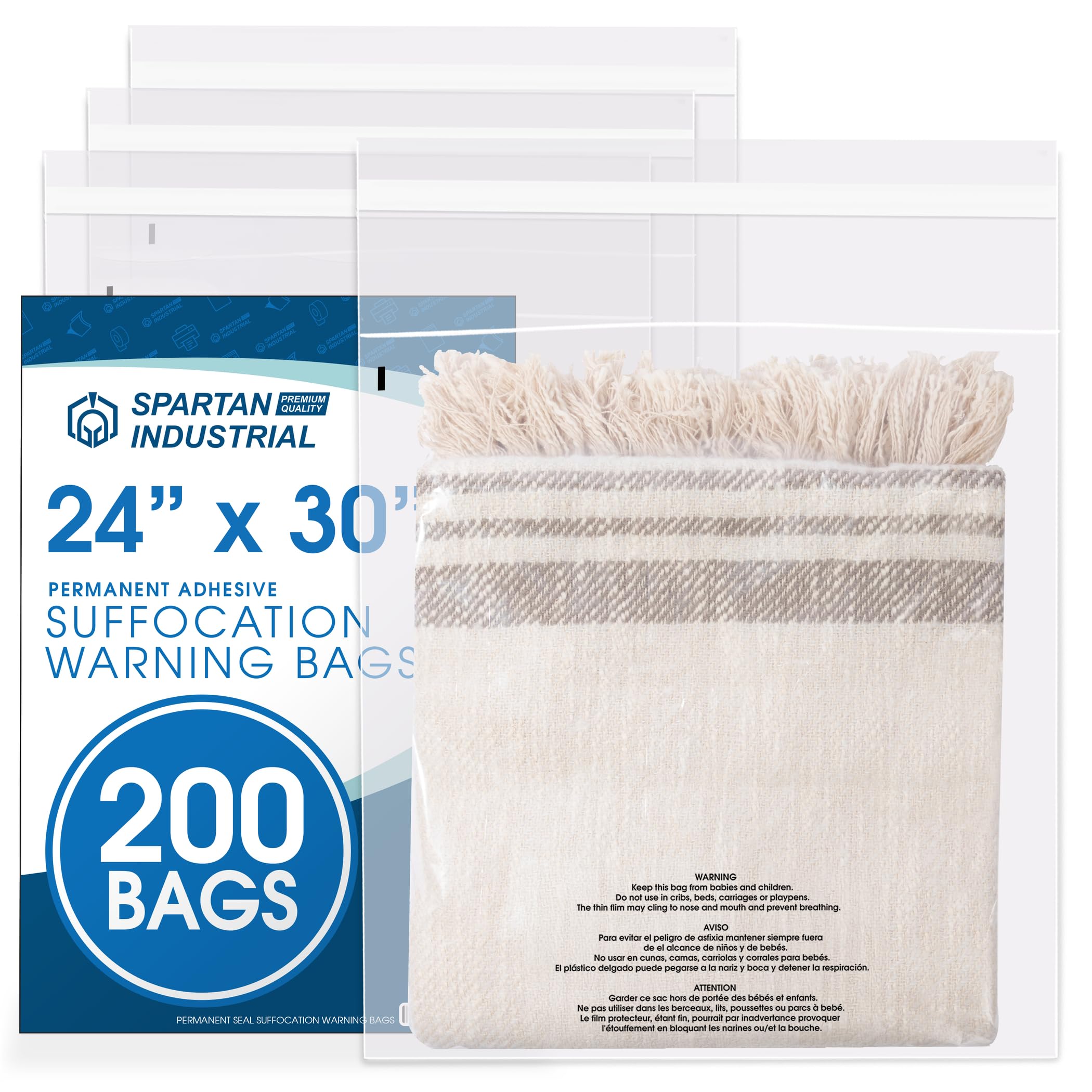 14” X 20” (200 Count) Self Seal Clear Poly Bags with Suffocation Warning | for Packaging, Clothes - Permanent Adhesive - Spartan Industrial