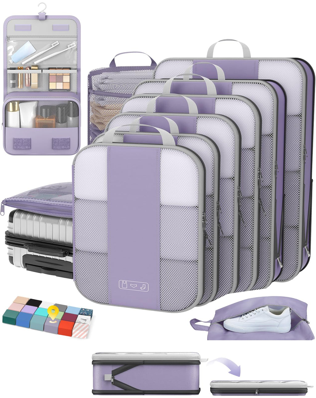 OlarHike 10 Set Compression Packing Cubes for Travel Essentials,Compressible Expandable Space Saver Bags for Organizing Clothes,Luggage Suitcase Garment Bags with Over 1000 pcs Mesh Holes(Black)