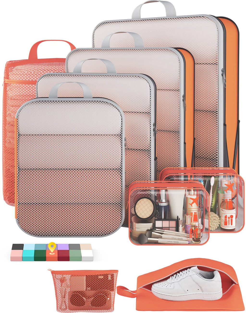 Veken 9/11 Set Compression Packing Cubes Garment Bags for Travel Essentials,Compressible Expandable Luggage Organizer Bags for Clothing,Space Saver Bags with Over 1000 pcs of Mesh Holes(Beige)