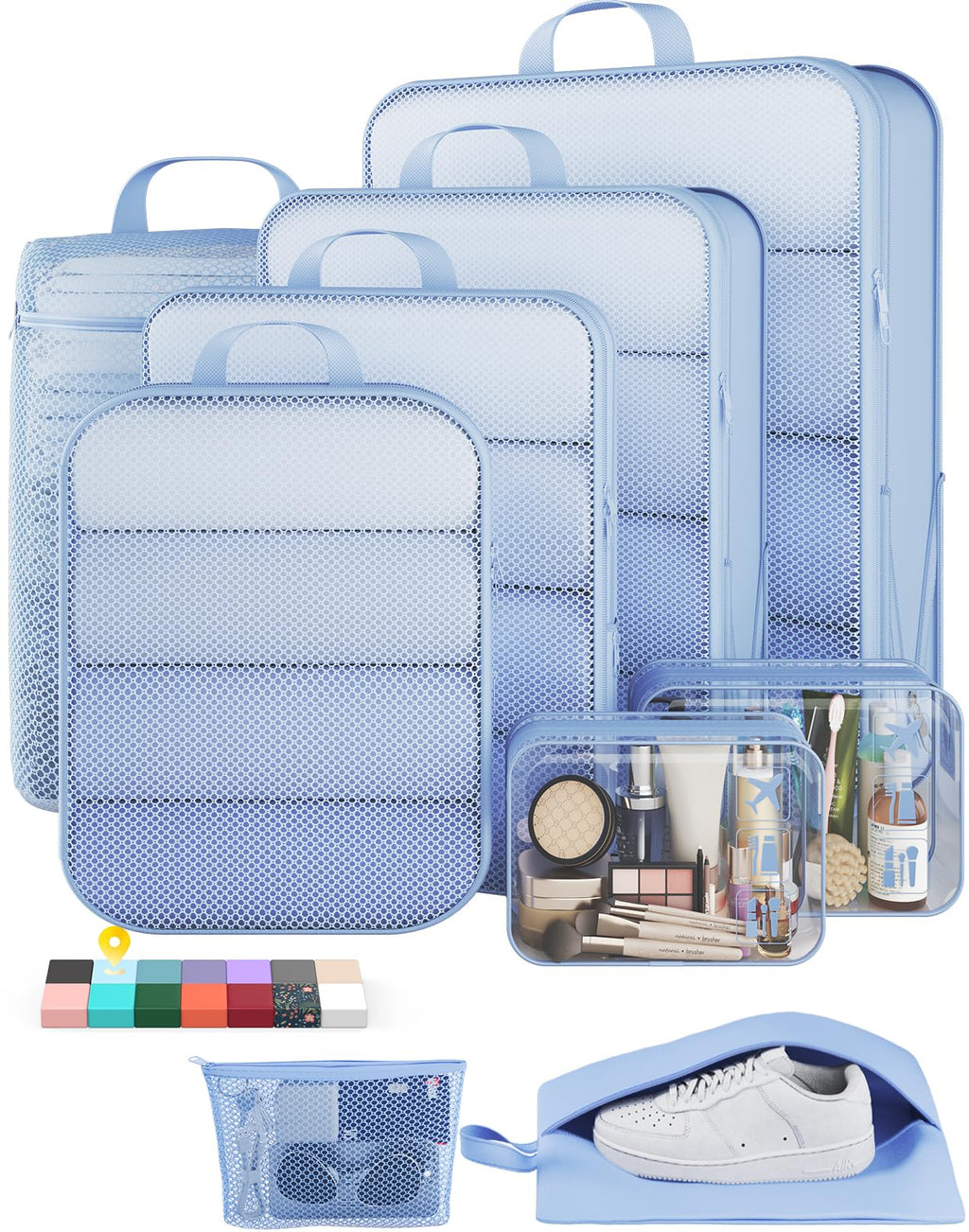 Veken 9/11 Set Compression Packing Cubes Garment Bags for Travel Essentials,Compressible Expandable Luggage Organizer Bags for Clothing,Space Saver Bags with Over 1000 pcs of Mesh Holes(Beige)