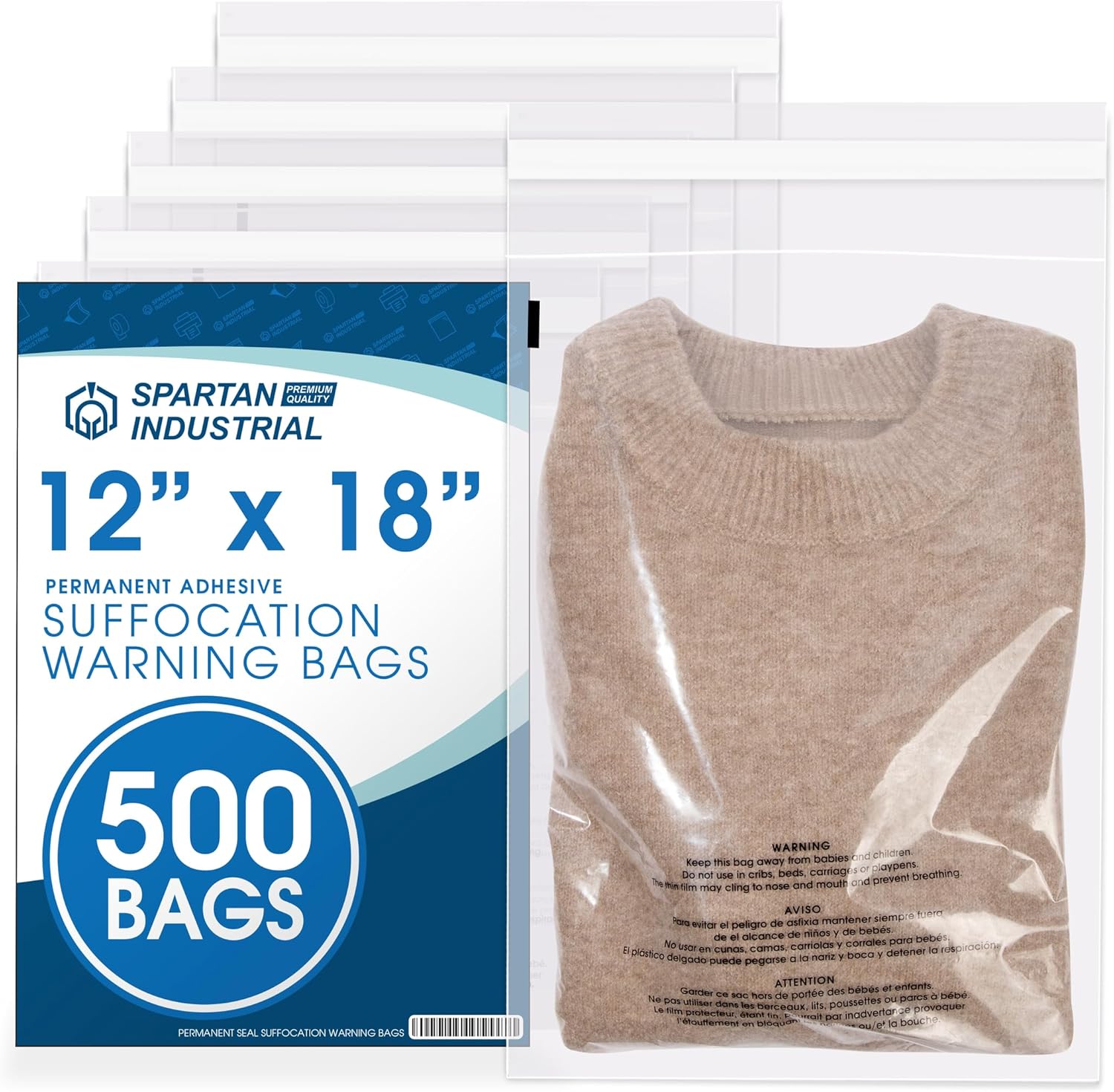 12" X 18" (500 Count) Self Seal Clear Poly Bags with Suffocation Warning | for Packaging and Clothes - Permanent Adhesive - Spartan Industrial