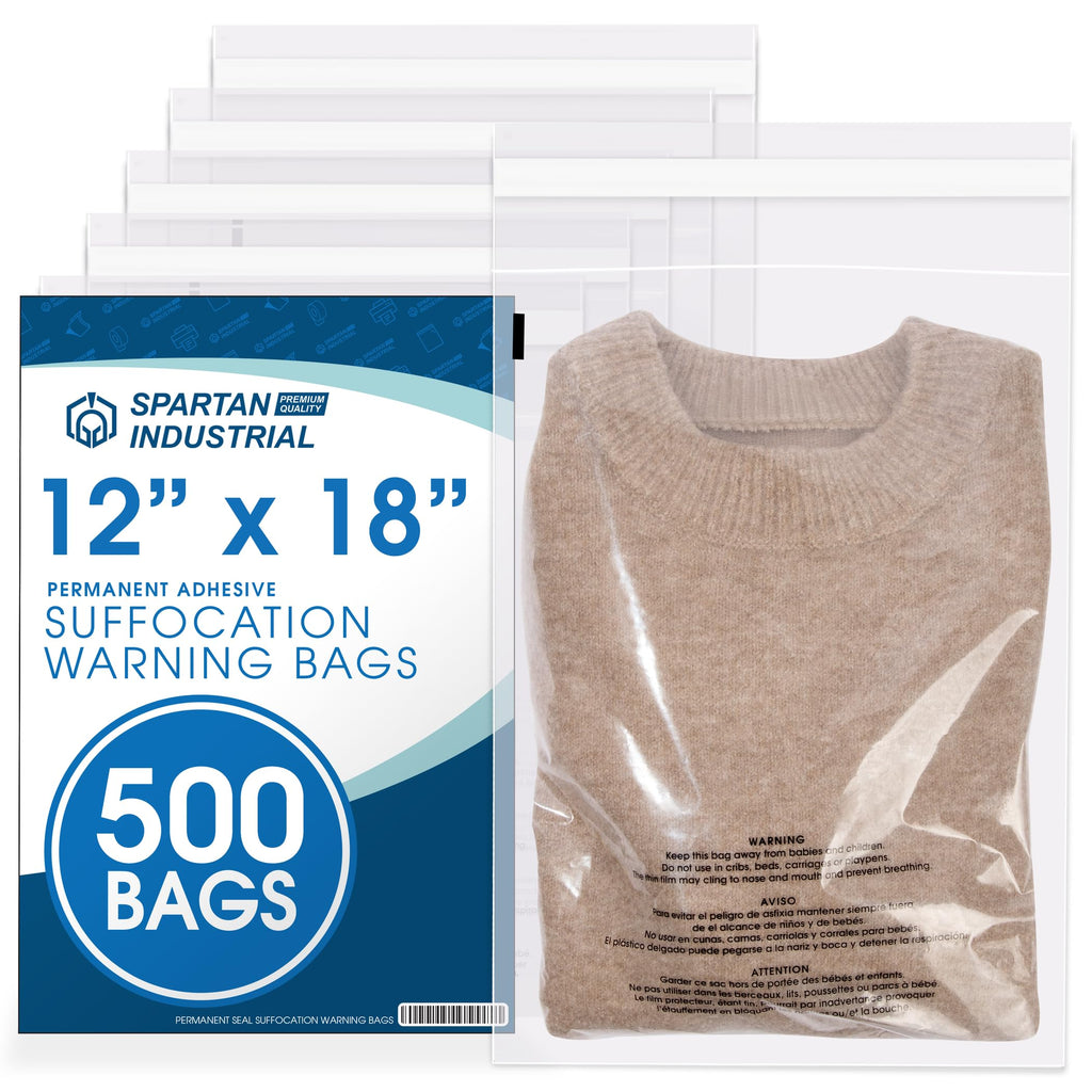 12" X 18" (500 Count) Self Seal Clear Poly Bags with Suffocation Warning | for Packaging and Clothes - Permanent Adhesive - Spartan Industrial