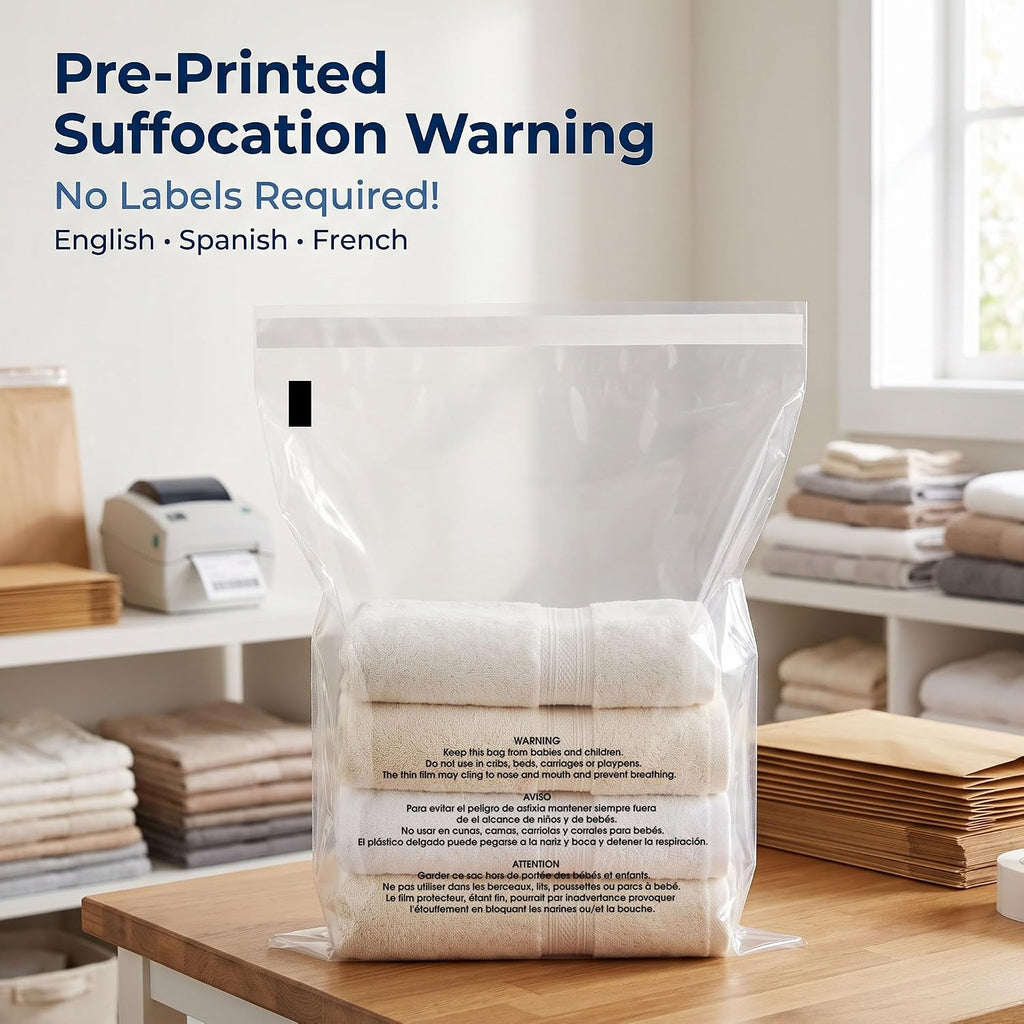 14” X 20” (200 Count) Self Seal Clear Poly Bags with Suffocation Warning | for Packaging, Clothes - Permanent Adhesive - Spartan Industrial