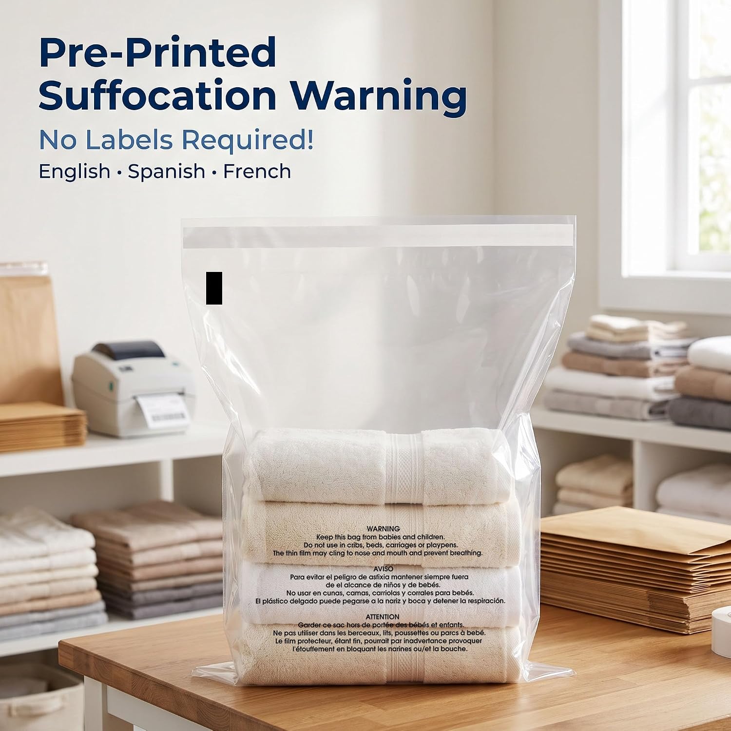14” X 20” (200 Count) Self Seal Clear Poly Bags with Suffocation Warning | for Packaging, Clothes - Permanent Adhesive - Spartan Industrial