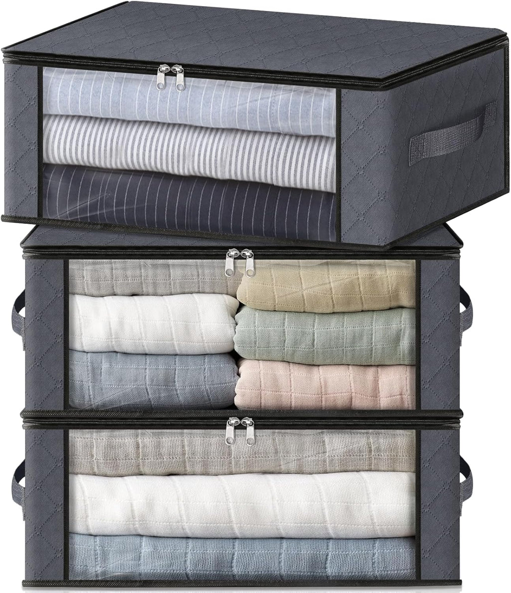 HomeHacks 3-Pack Clothes Organizer Storage Bags, 35L Storage Bins, Gray | Foldable Storage Box Container with Zippers, Clear Window, Reinforced Handles for Closet, Dorm, Pillows, Bedding, Sweater