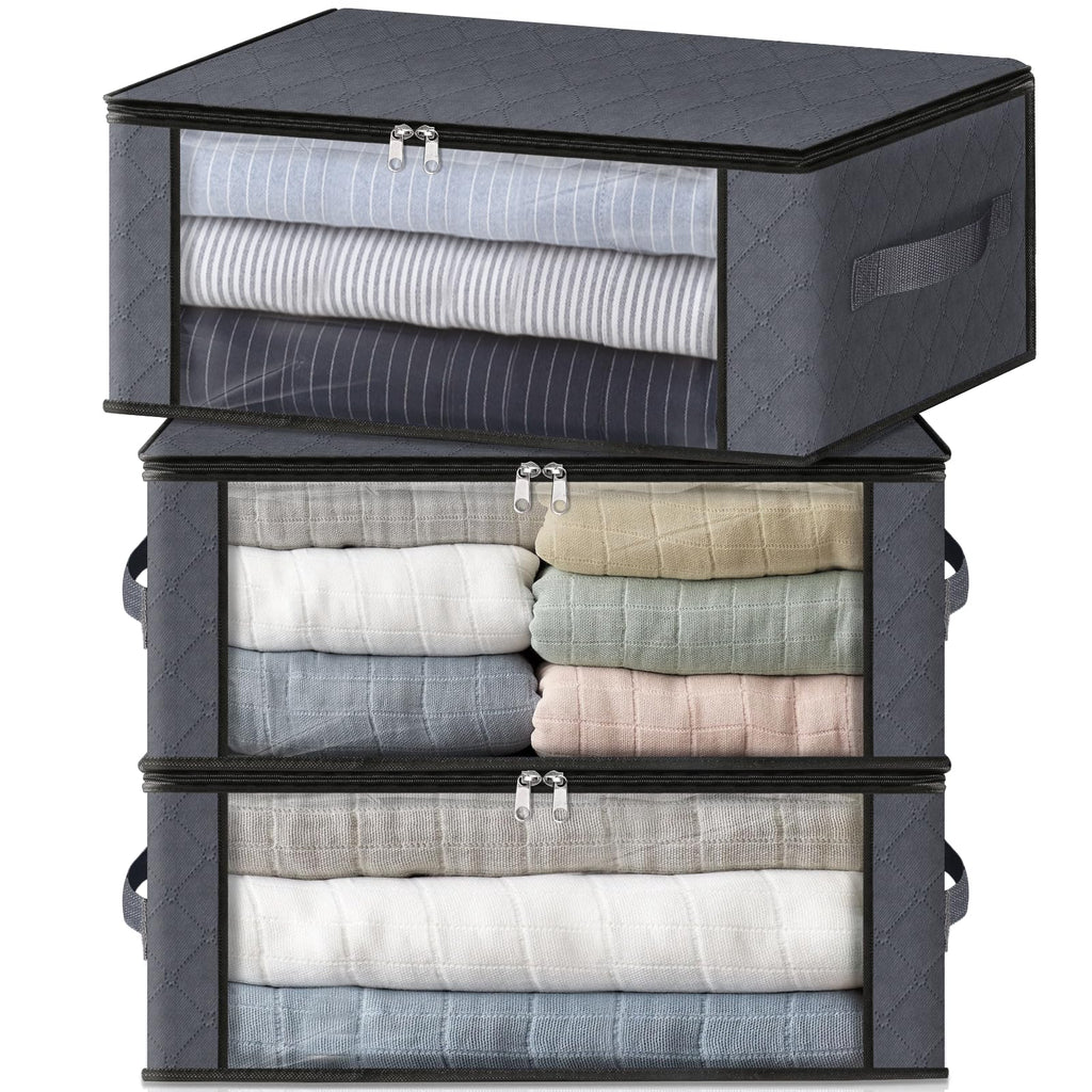HomeHacks 3-Pack Clothes Organizer Storage Bags, 35L Storage Bins, Gray | Foldable Storage Box Container with Zippers, Clear Window, Reinforced Handles for Closet, Dorm, Pillows, Bedding, Sweater
