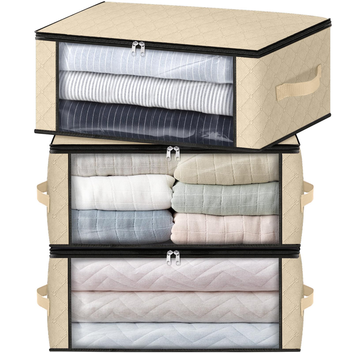 HomeHacks 3-Pack Clothes Organizer Storage Bags, 35L Storage Bins, Gray | Foldable Storage Box Container with Zippers, Clear Window, Reinforced Handles for Closet, Dorm, Pillows, Bedding, Sweater