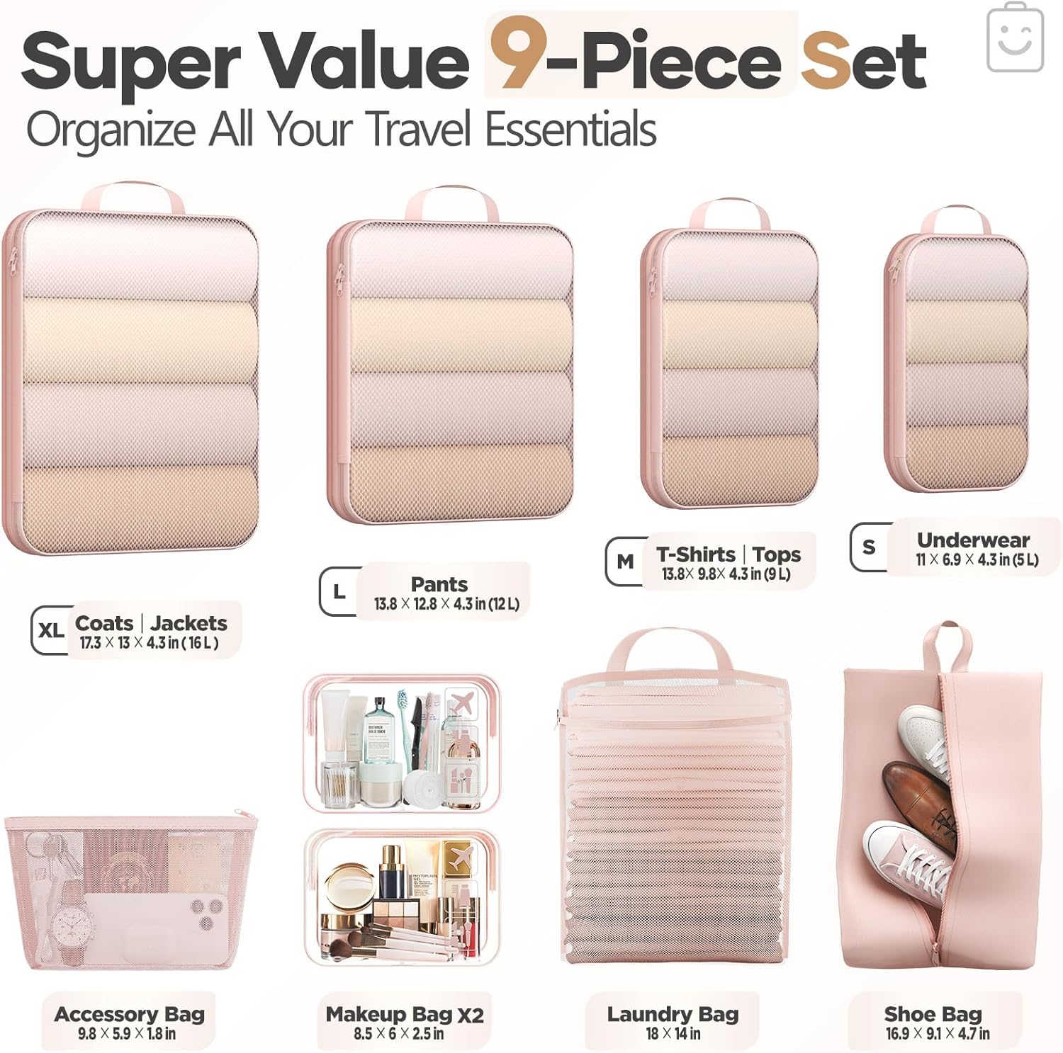 Veken 9/11 Set Compression Packing Cubes Garment Bags for Travel Essentials,Compressible Expandable Luggage Organizer Bags for Clothing,Space Saver Bags with Over 1000 pcs of Mesh Holes(Beige)