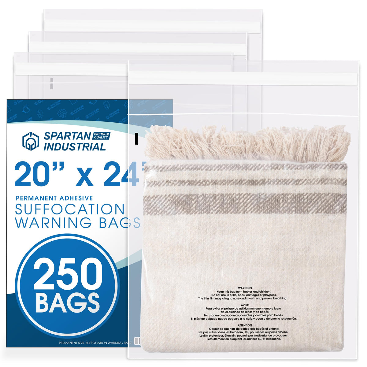 12" X 18" (500 Count) Self Seal Clear Poly Bags with Suffocation Warning | for Packaging and Clothes - Permanent Adhesive - Spartan Industrial