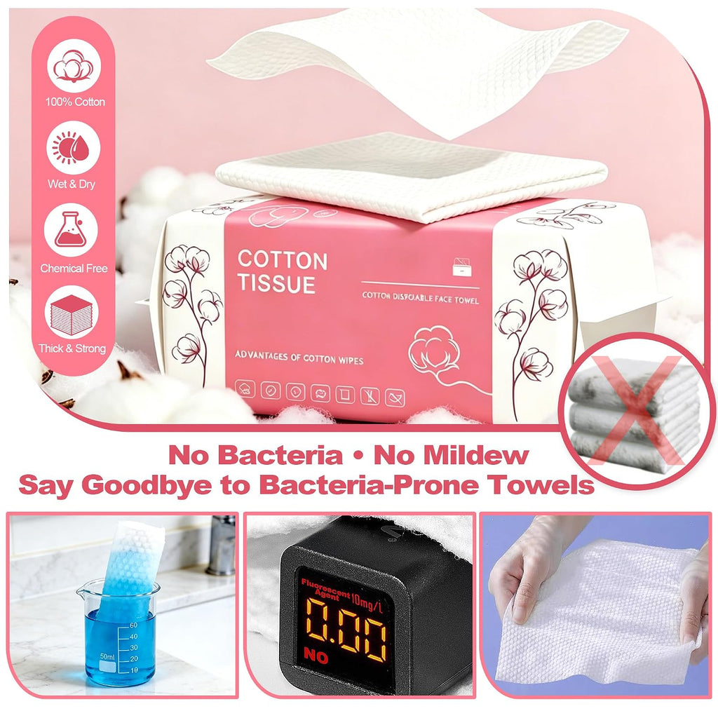 100 Count Disposable Face Towel, Dual-Textured Facial Wash Cloth | Ultra Thick Soft Cotton Disposable Washcloths for Washing & Drying, Facial Tissue for Cleansing, Skincare and Makeup Remover