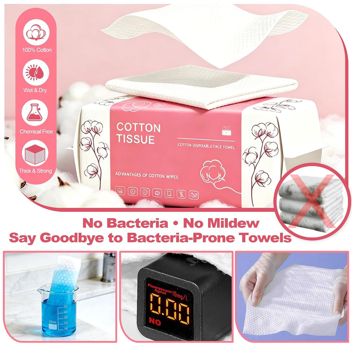 100 Count Disposable Face Towel, Dual-Textured Facial Wash Cloth | Ultra Thick Soft Cotton Disposable Washcloths for Washing & Drying, Facial Tissue for Cleansing, Skincare and Makeup Remover