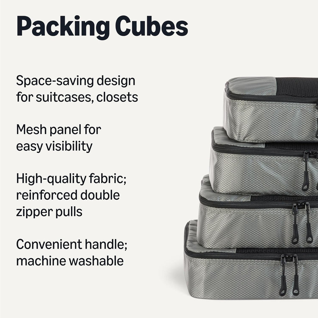 Amazon Essentials 4-Piece Packing Cubes Travel Accessories Set, Space-Saving Luggage Organizer with Double Zipper, Mesh Top Panel, Medium, Gray (Previously Amazon Basics)