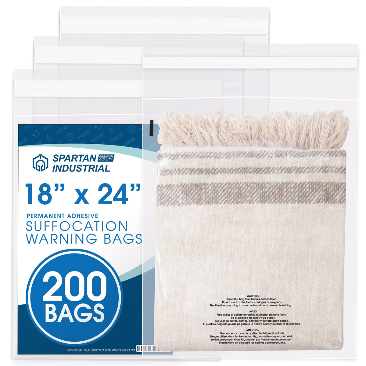 14” X 20” (200 Count) Self Seal Clear Poly Bags with Suffocation Warning | for Packaging, Clothes - Permanent Adhesive - Spartan Industrial