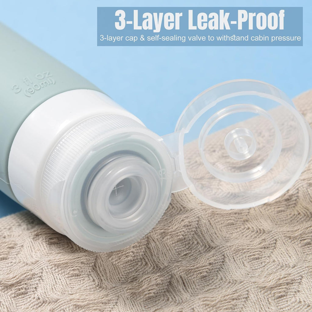Pre-printed Silicone Travel Bottles for Toiletries 3oz | TSA Approved, Leak Proof, Squeezable Containers For Shampoo Conditioner, Travel Essentials, with Clear Bag, 4 Pack