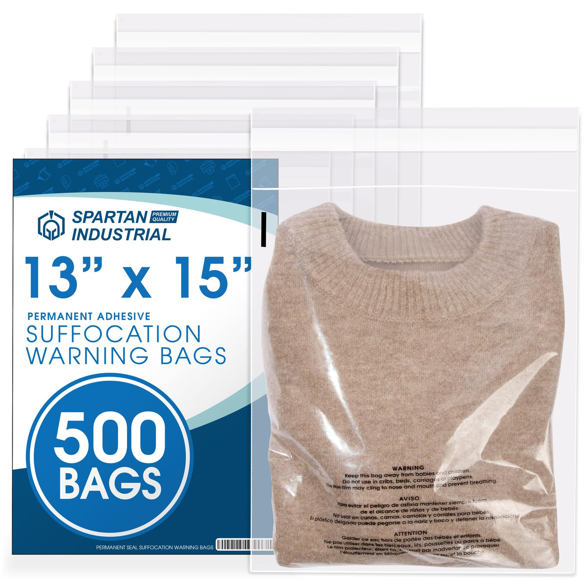 12" X 18" (500 Count) Self Seal Clear Poly Bags with Suffocation Warning | for Packaging and Clothes - Permanent Adhesive - Spartan Industrial