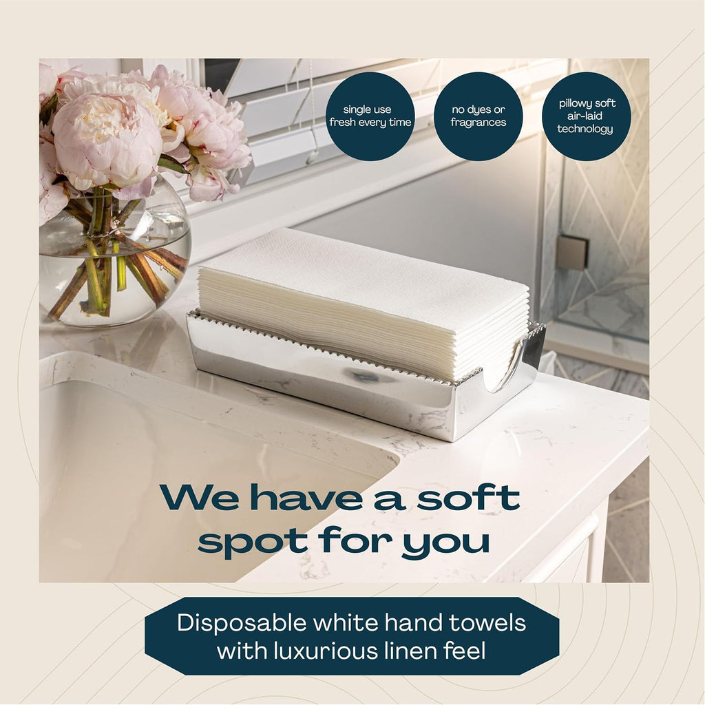 Disposable Linen-Feel Guest Towels - 12" x 17" Cloth-Like Hand Towels - Made In USA, Soft And Absorbent Paper Napkin For Bathroom, Kitchen, Or Event [Extra-Soft - Pack of 50], White