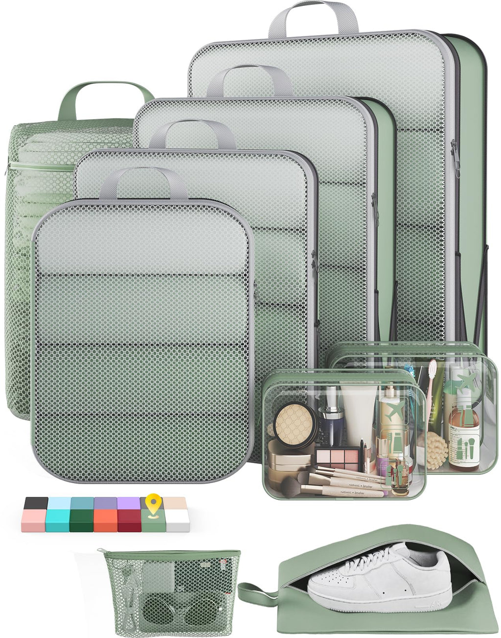 Veken 9/11 Set Compression Packing Cubes Garment Bags for Travel Essentials,Compressible Expandable Luggage Organizer Bags for Clothing,Space Saver Bags with Over 1000 pcs of Mesh Holes(Beige)