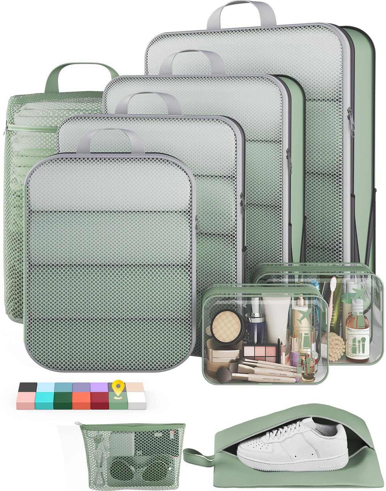 Veken 9/11 Set Compression Packing Cubes Garment Bags for Travel Essentials,Compressible Expandable Luggage Organizer Bags for Clothing,Space Saver Bags with Over 1000 pcs of Mesh Holes(Beige)