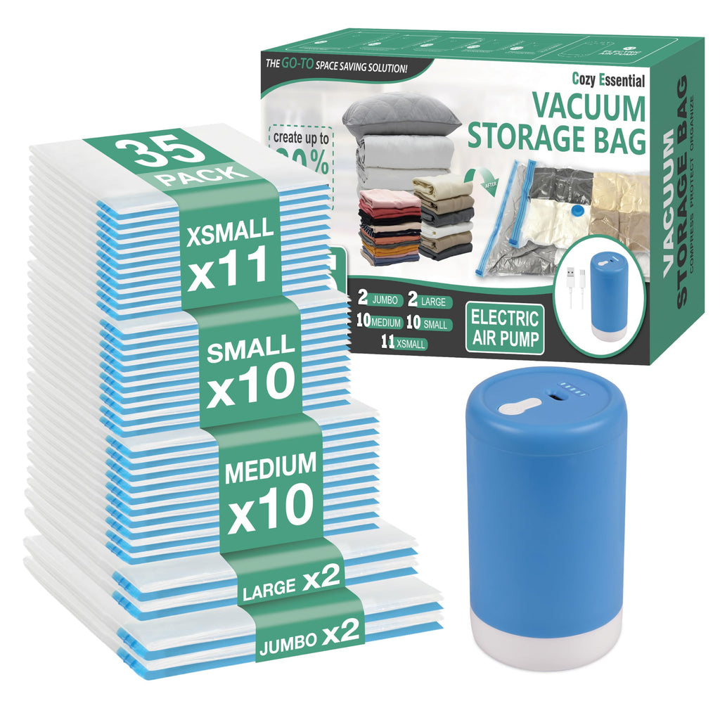 Travel Vacuum Storage Bags with Rechargeable Cordless USB Pump, 12 Combo | Space Saver Bags for Luggage, Suitcase, Carry-On, for Clothes, Blankets, Bedding & Seasonal Storage