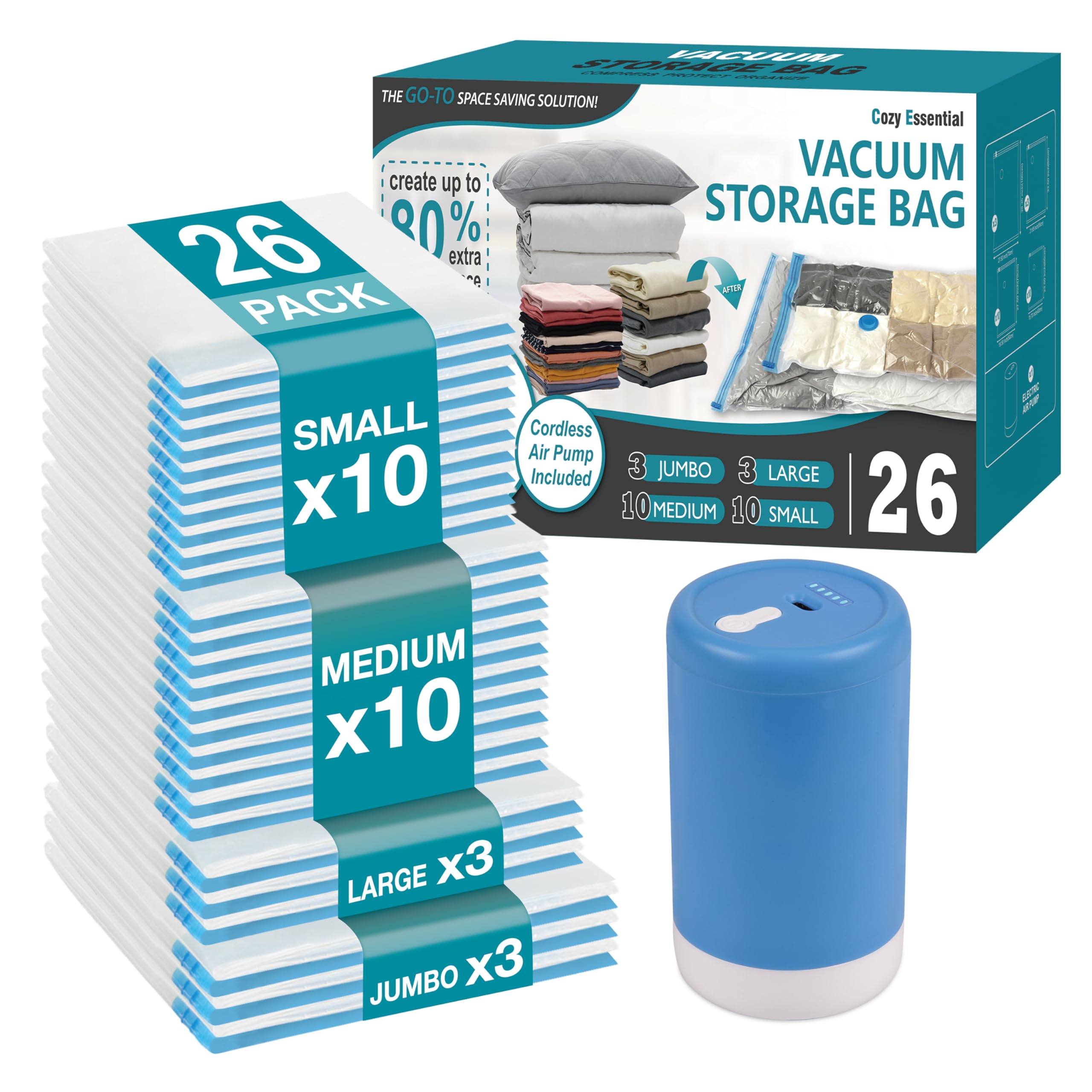 Travel Vacuum Storage Bags with Rechargeable Cordless USB Pump, 12 Combo | Space Saver Bags for Luggage, Suitcase, Carry-On, for Clothes, Blankets, Bedding & Seasonal Storage