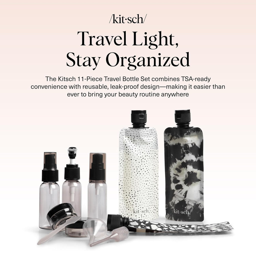 Kitsch 11 PCS Containers Travel Size Toiletries - Black & Ivory | Travel Essentials Kit for Shampoo, & More - TSA Approved Travel Bottles, Leak-Proof Refillable Travel Containers