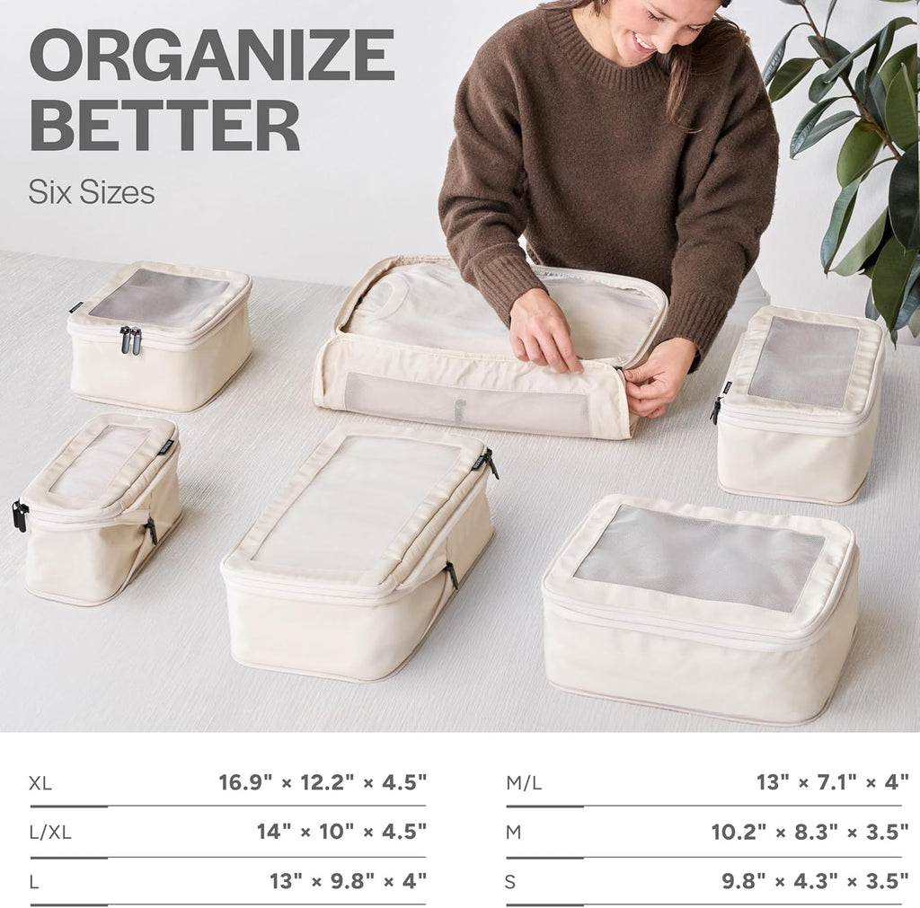 Compression Packing Cubes for Travel, 6-Pack, Beige | Solves overpacking, 6-Piece set fits most suitcases, 50% Space savings, Compression luggage organizer bags
