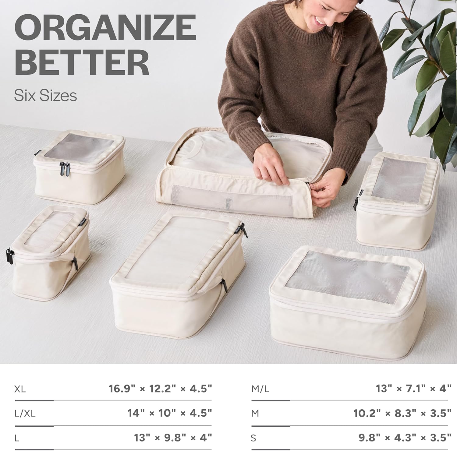 Compression Packing Cubes for Travel, 6-Pack, Beige | Solves overpacking, 6-Piece set fits most suitcases, 50% Space savings, Compression luggage organizer bags