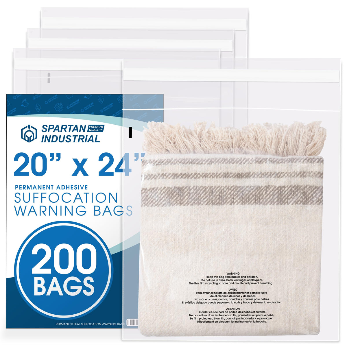 14” X 20” (200 Count) Self Seal Clear Poly Bags with Suffocation Warning | for Packaging, Clothes - Permanent Adhesive - Spartan Industrial
