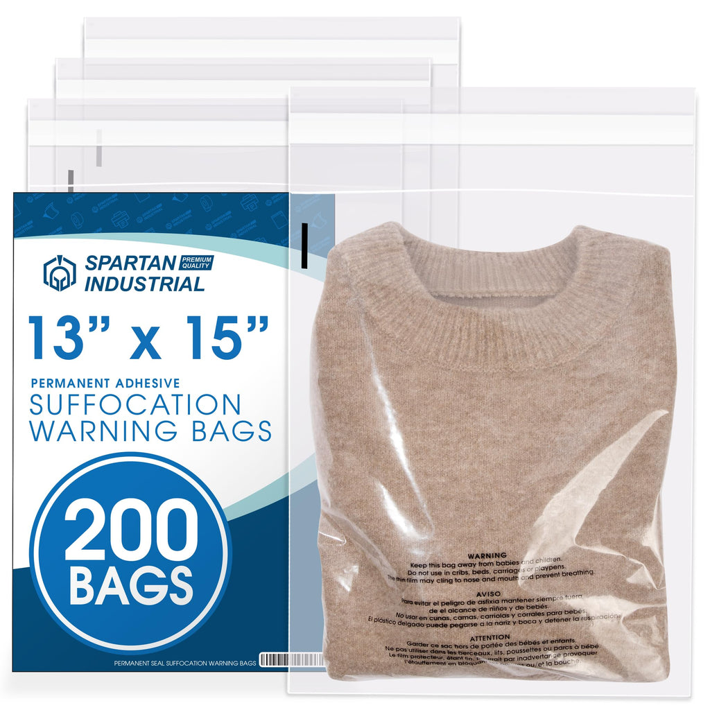 14” X 20” (200 Count) Self Seal Clear Poly Bags with Suffocation Warning | for Packaging, Clothes - Permanent Adhesive - Spartan Industrial