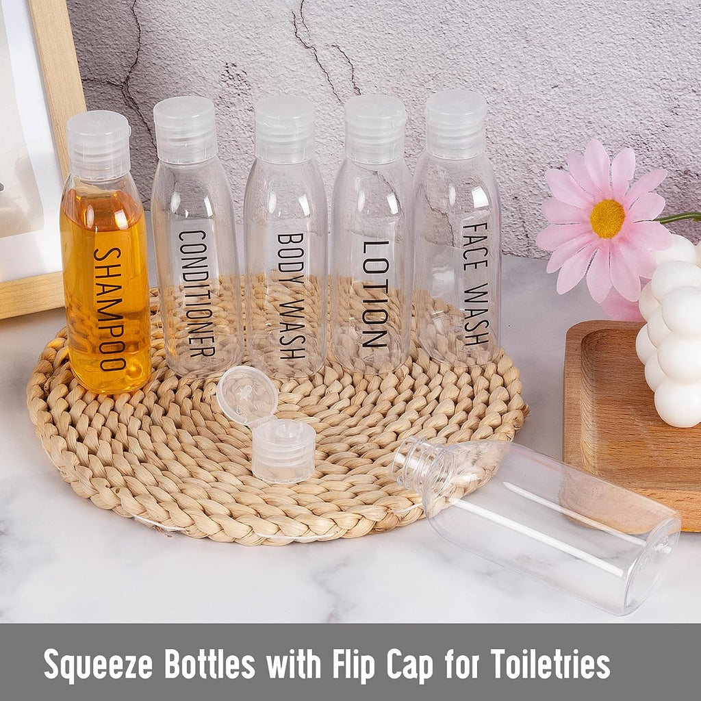 3.4 oz Clear PET Travel Bottles for Toiletries 6-Pack | Reusable, Thick, Tight-Sealing Flip Caps, Print on Label, Permanent Identification Stays, 2 Label Sheets, for Toiletries