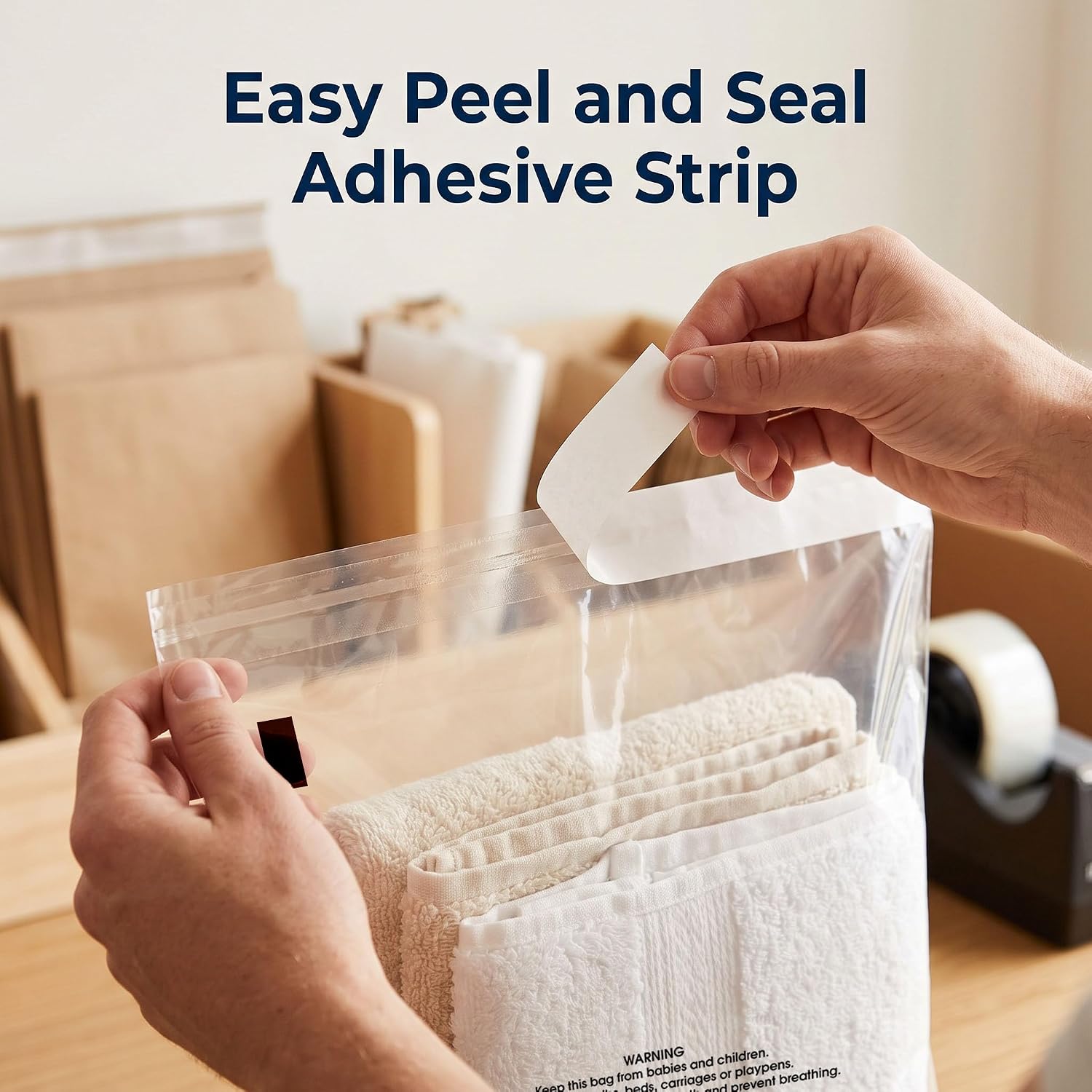 14” X 20” (200 Count) Self Seal Clear Poly Bags with Suffocation Warning | for Packaging, Clothes - Permanent Adhesive - Spartan Industrial