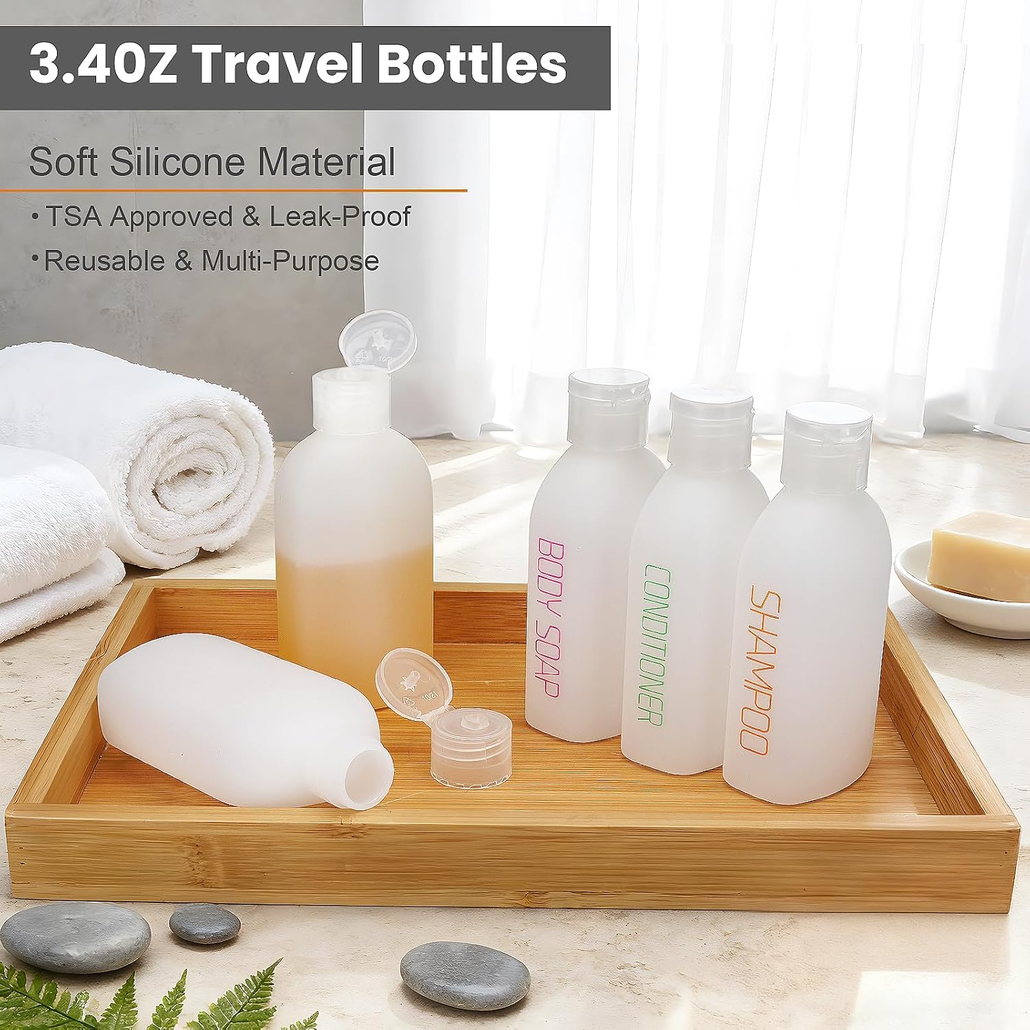 Cosywell Travel Bottles for Toiletries 5 Pack 3.4oz Travel Size Containers | Pre-Printed Shampoo, Conditioner, Body Soap, Soft Touch HDPE ,TSA Approved, Leak Proof, Squeezable Toiletry Bottle(White)