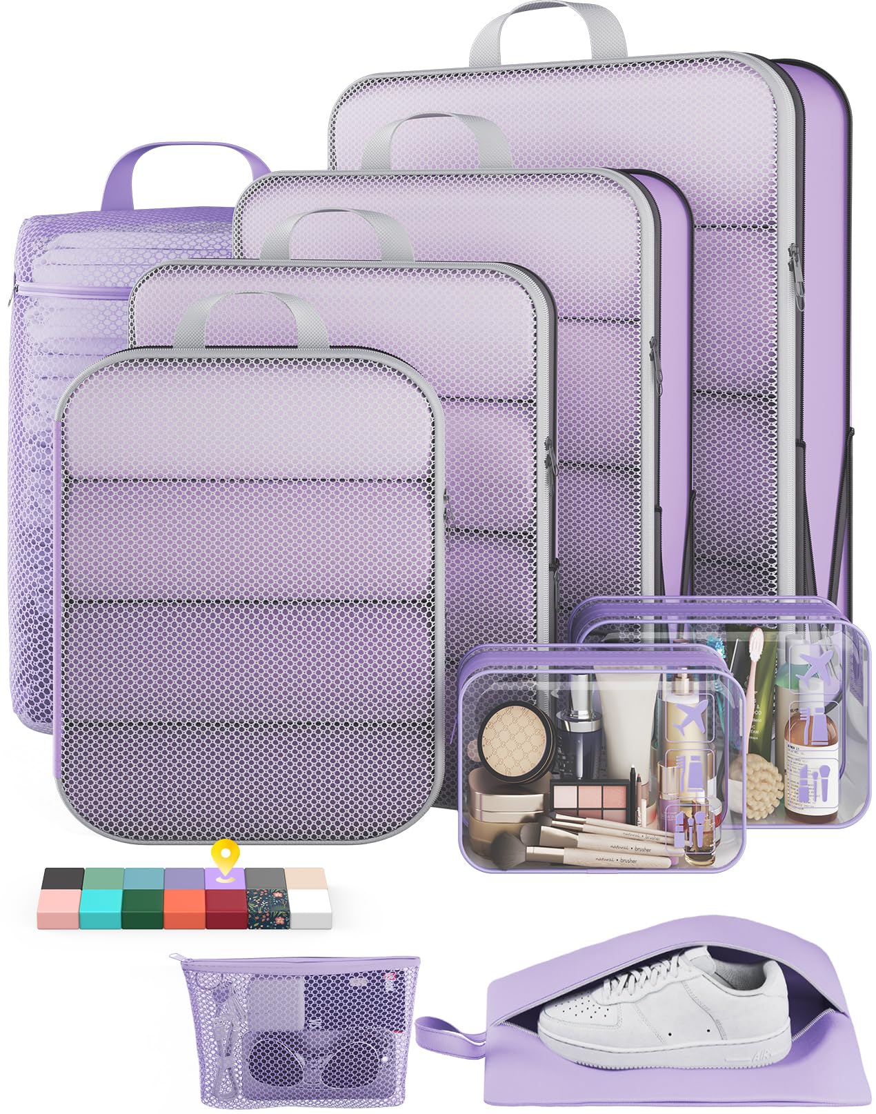 Veken 9/11 Set Compression Packing Cubes Garment Bags for Travel Essentials,Compressible Expandable Luggage Organizer Bags for Clothing,Space Saver Bags with Over 1000 pcs of Mesh Holes(Beige)