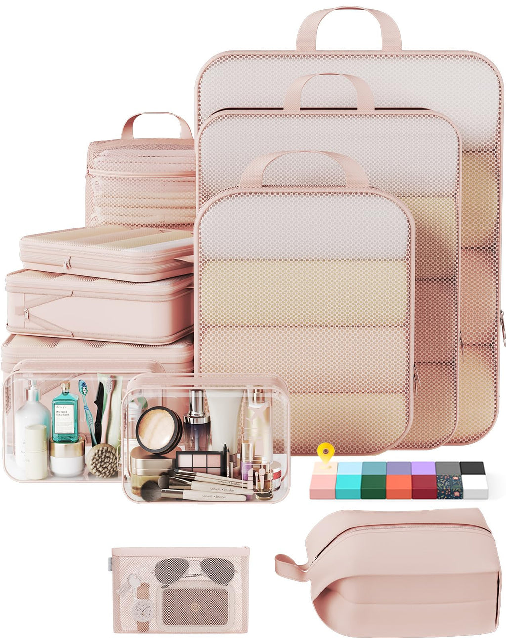 Veken 9/11 Set Compression Packing Cubes Garment Bags for Travel Essentials,Compressible Expandable Luggage Organizer Bags for Clothing,Space Saver Bags with Over 1000 pcs of Mesh Holes(Beige)
