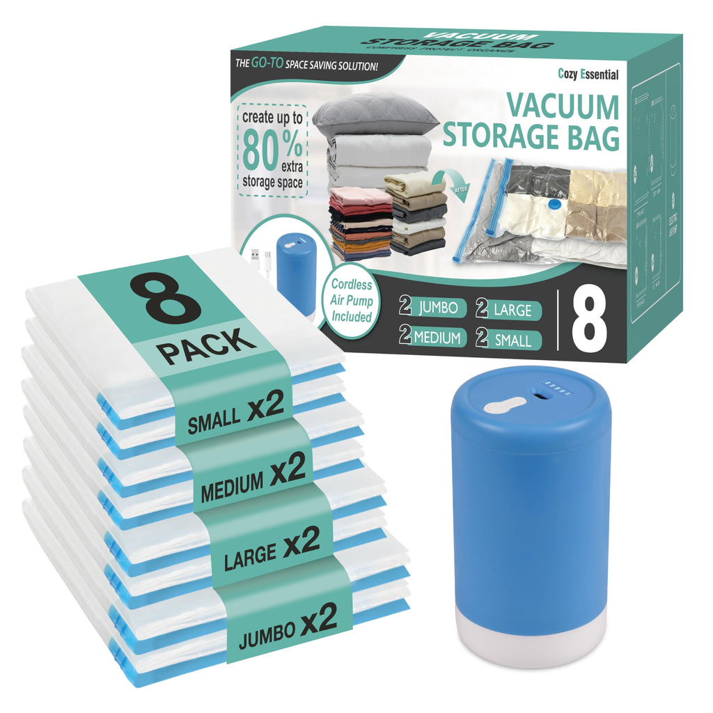Travel Vacuum Storage Bags with Rechargeable Cordless USB Pump, 12 Combo | Space Saver Bags for Luggage, Suitcase, Carry-On, for Clothes, Blankets, Bedding & Seasonal Storage